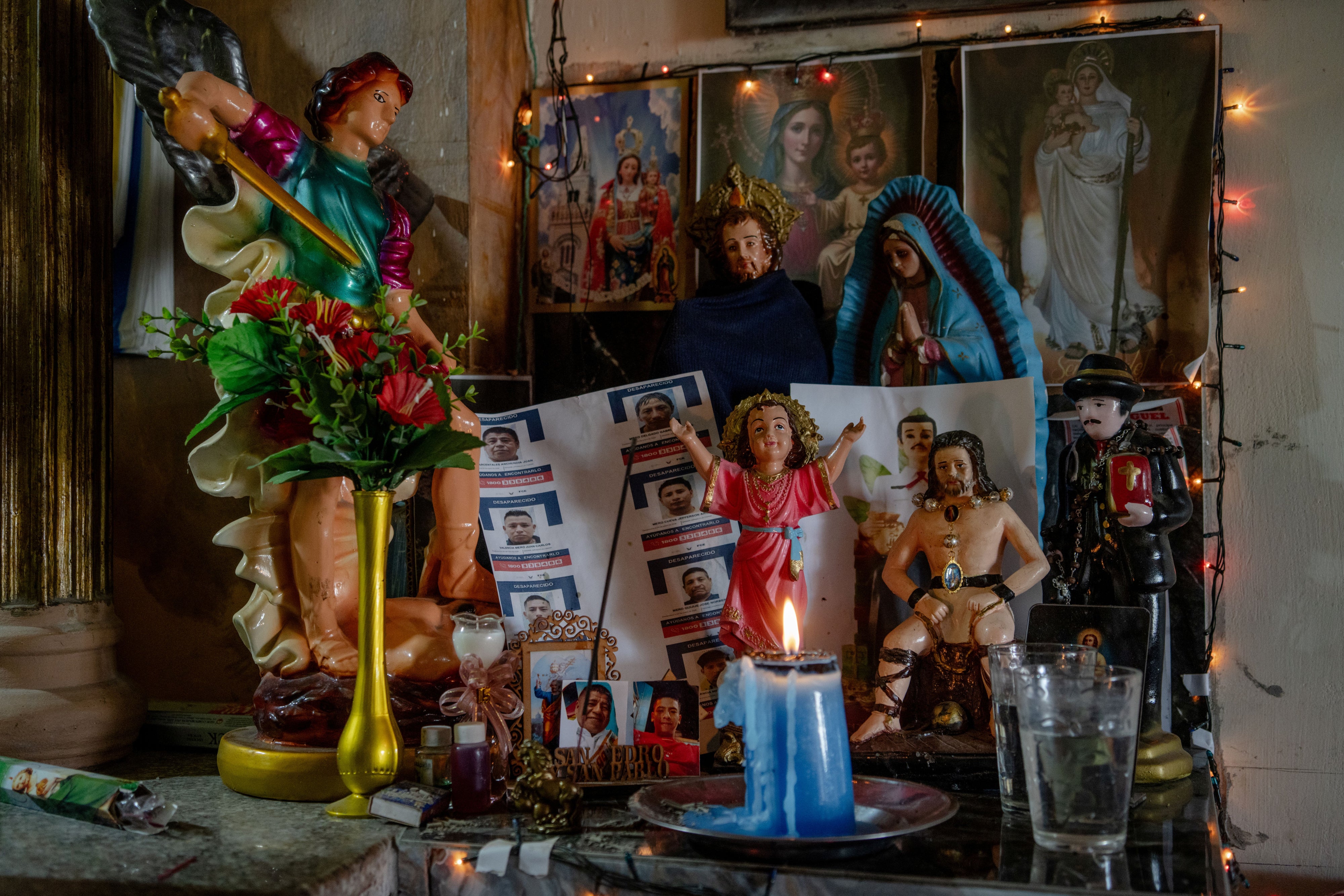 A family altar dedicated to the eight crew members of the Ecuadorian fishing vessel the Fiorella who have been missing since January 20, 2026. 