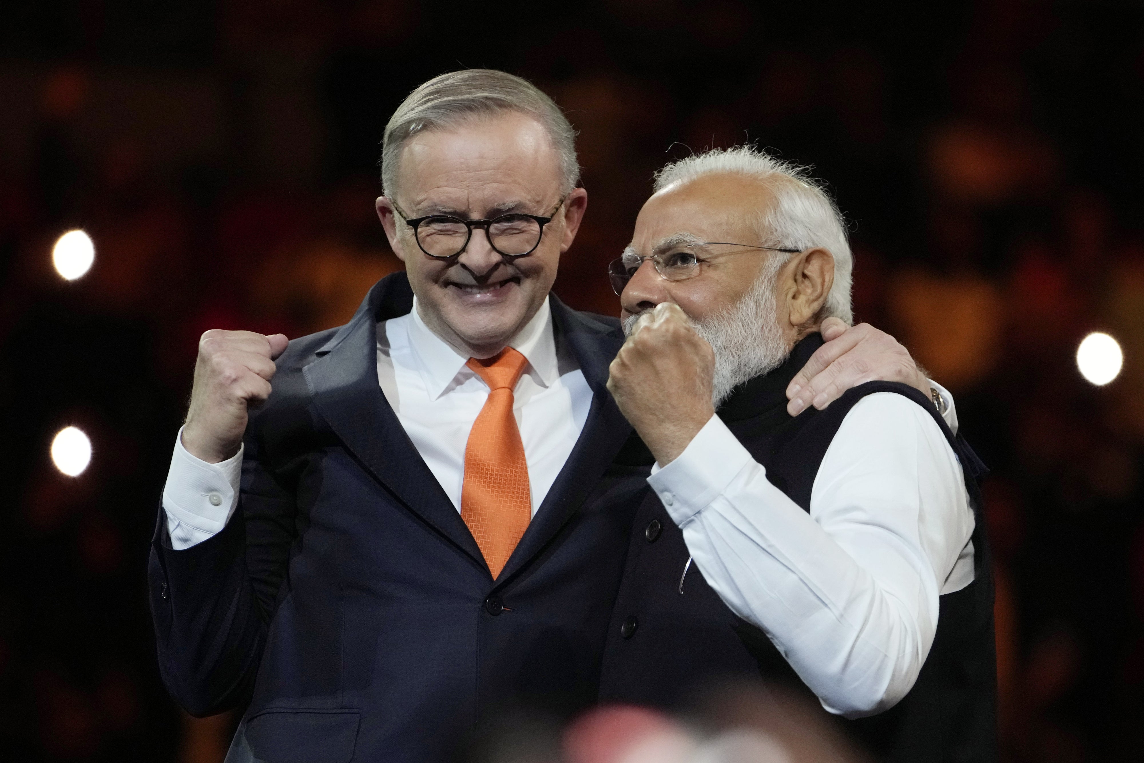 Australian Prime Minister Anthony Albanese (left) and Indian Prime Minister Narendra Modi  during an Indian community event at Qudos Bank Arena in Sydney, Australia, May 23, 2023.