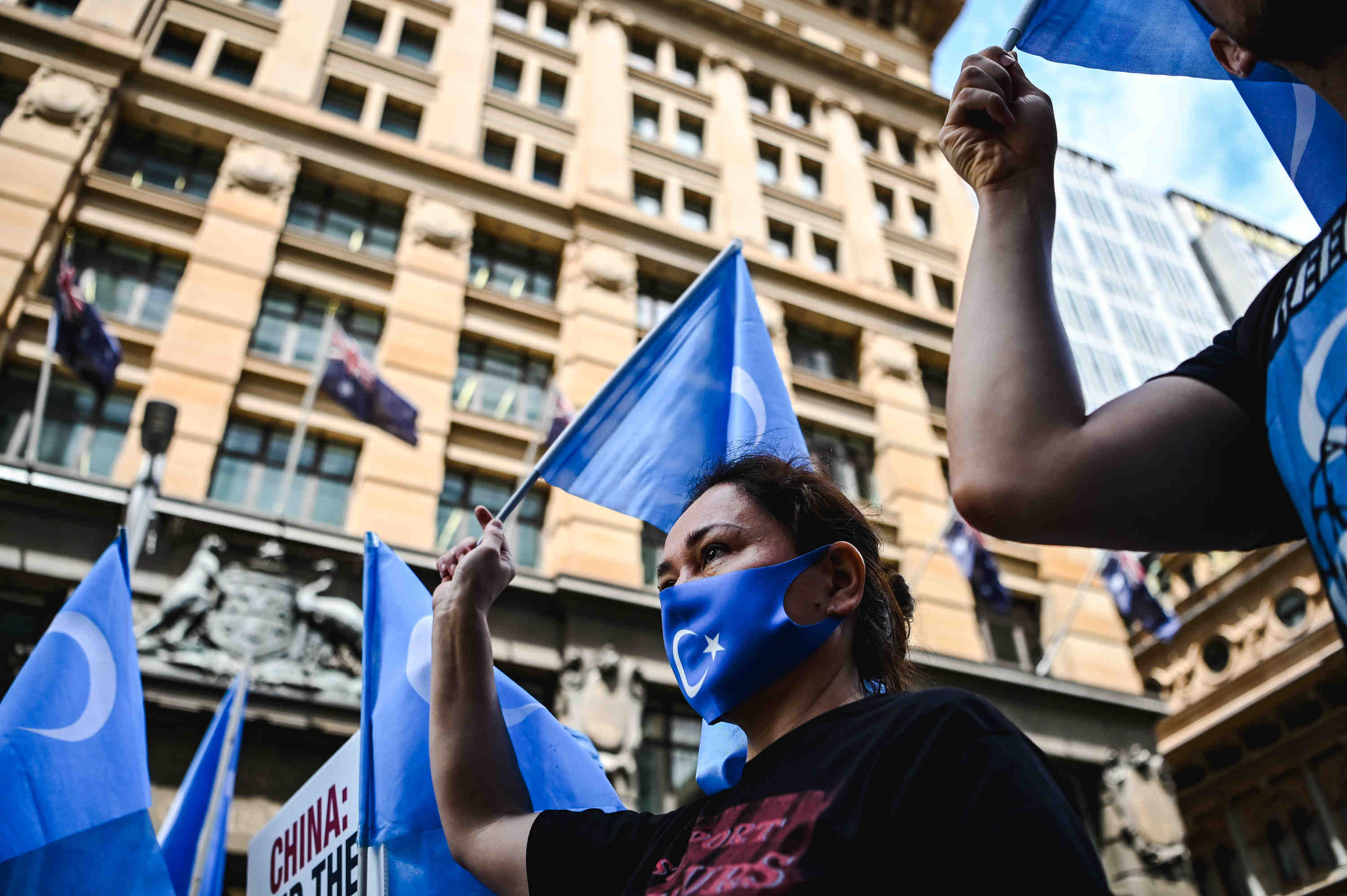 Protesters gather for a rally outside Channel 7 studios in Sydney, Australia, February 4, 2022. 