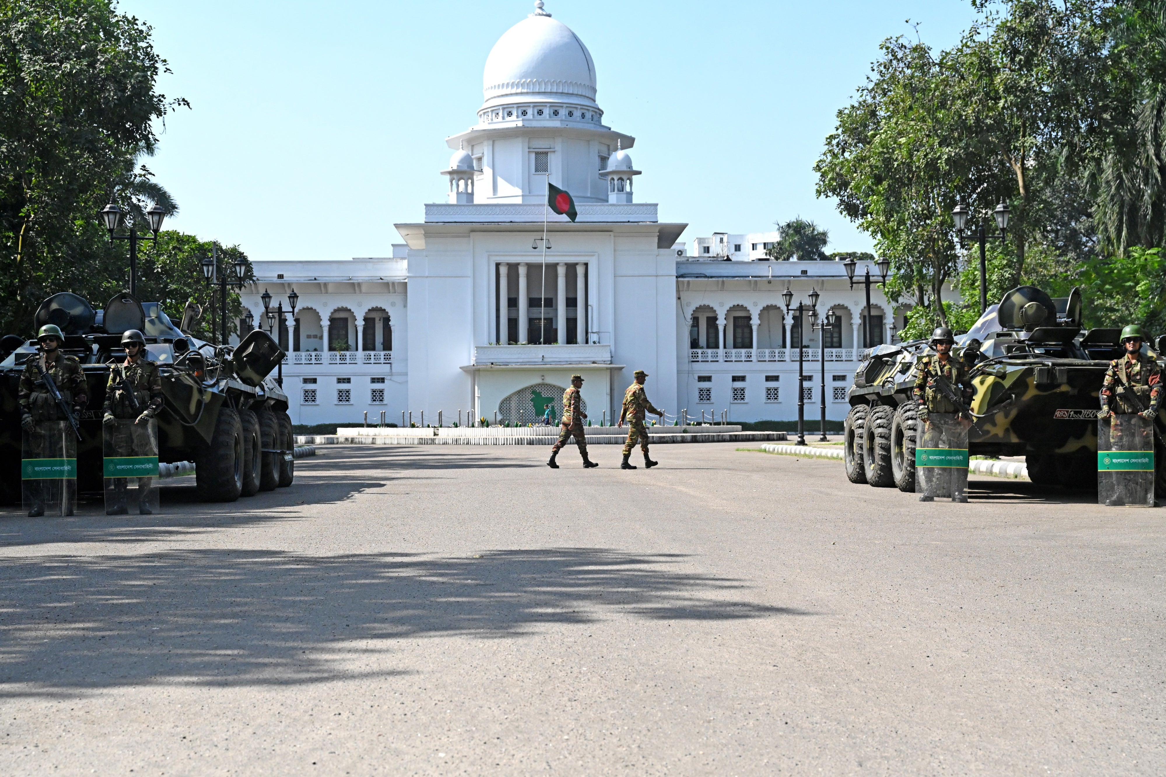 Bangladesh military personnel guard the International Criminal Tribunal in Dhaka, Bangladesh, November 17, 2025.