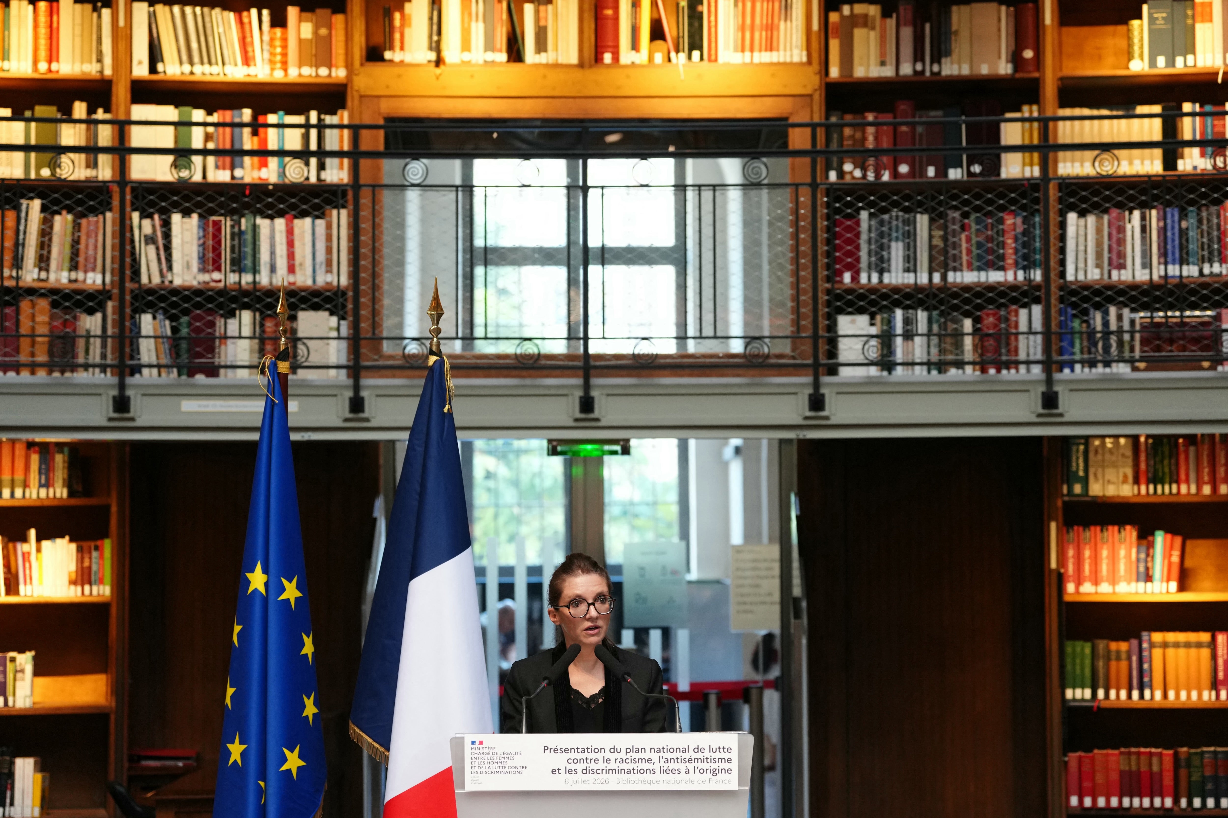 France's junior Minister for equality Aurore Berge during the presentation of the new national Plan to fight against racism, antisemitism and discrimination based on origin at the Bibliotheque Nationale of France (BNF) in Paris on July 6, 2026.