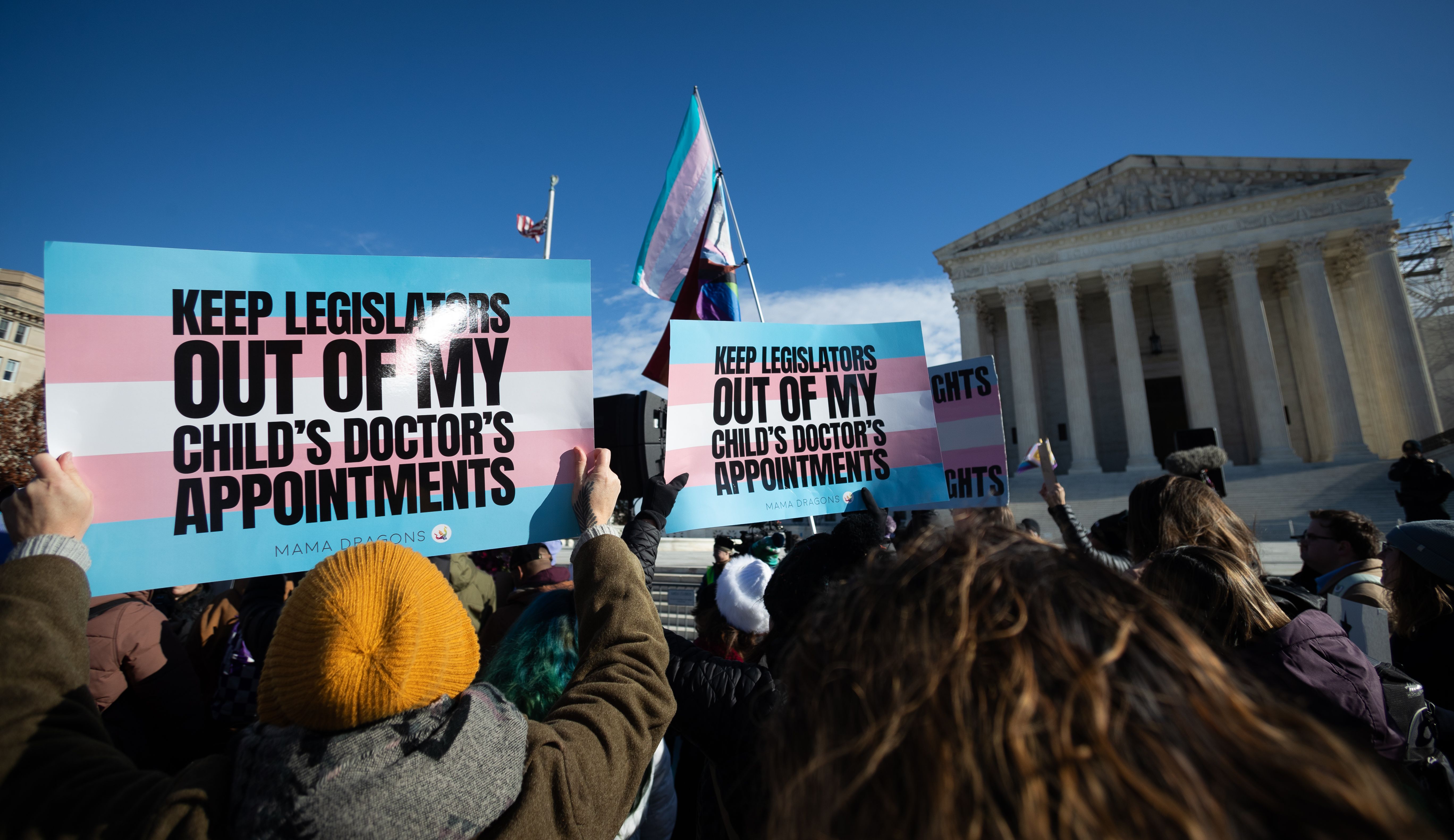 Demonstrators support access to gender-affirming care for transgender children outside the US Supreme Court in Washington, DC, on December 4, 2024.