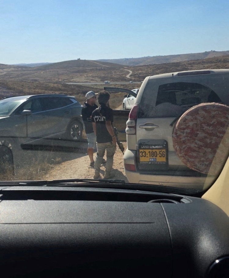 Israeli settlers blocking the convoy of U.S. Representative Ro Khanna (D-CA), according to his press team, in Khirbet Zanuta, during a visit in the Israeli-occupied West Bank, July 8, 2026.