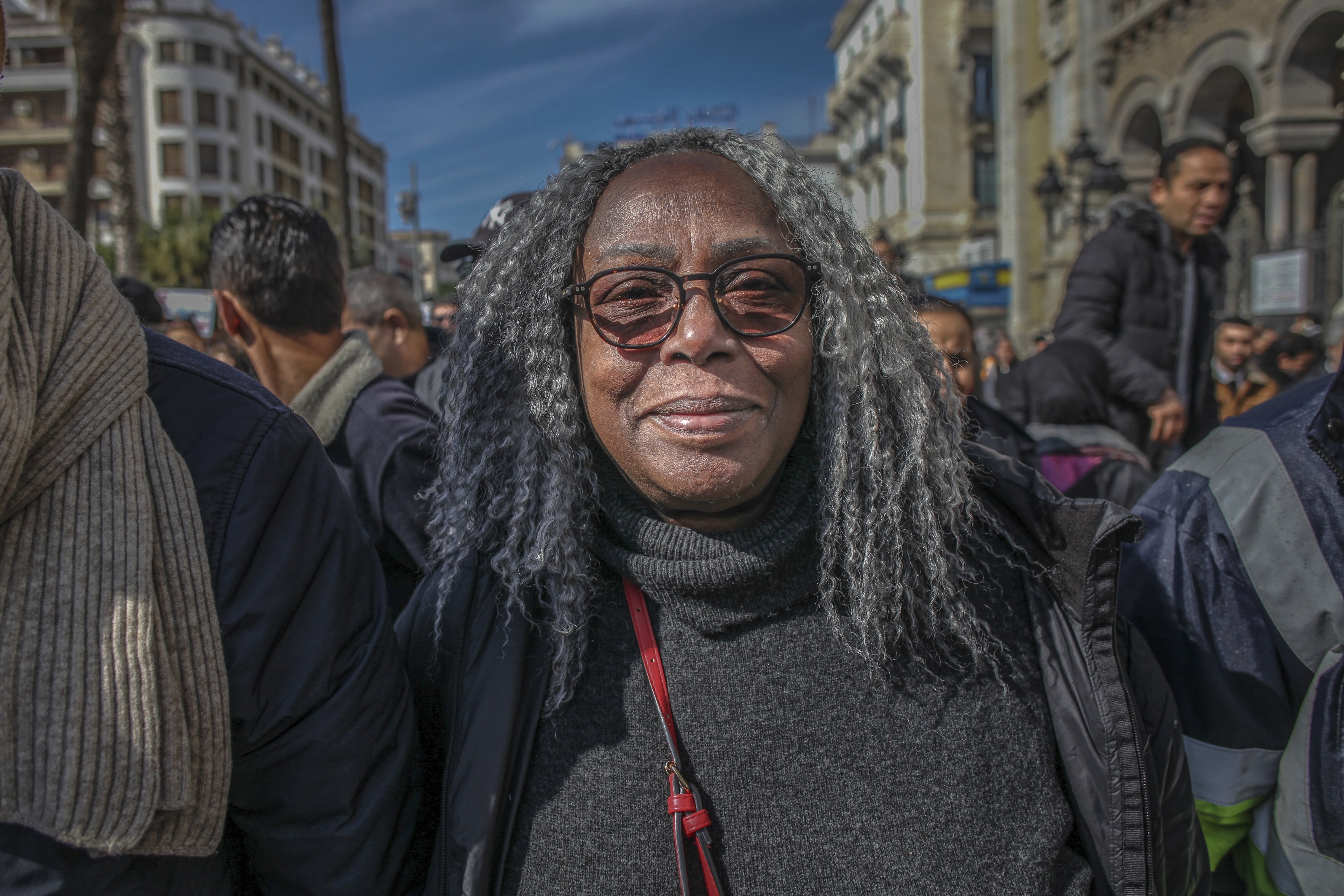 Saadia Mosbah (center), president of the antiracism association Mnemty, attending a march in Tunis, Tunisia, on March 4, 2023. 