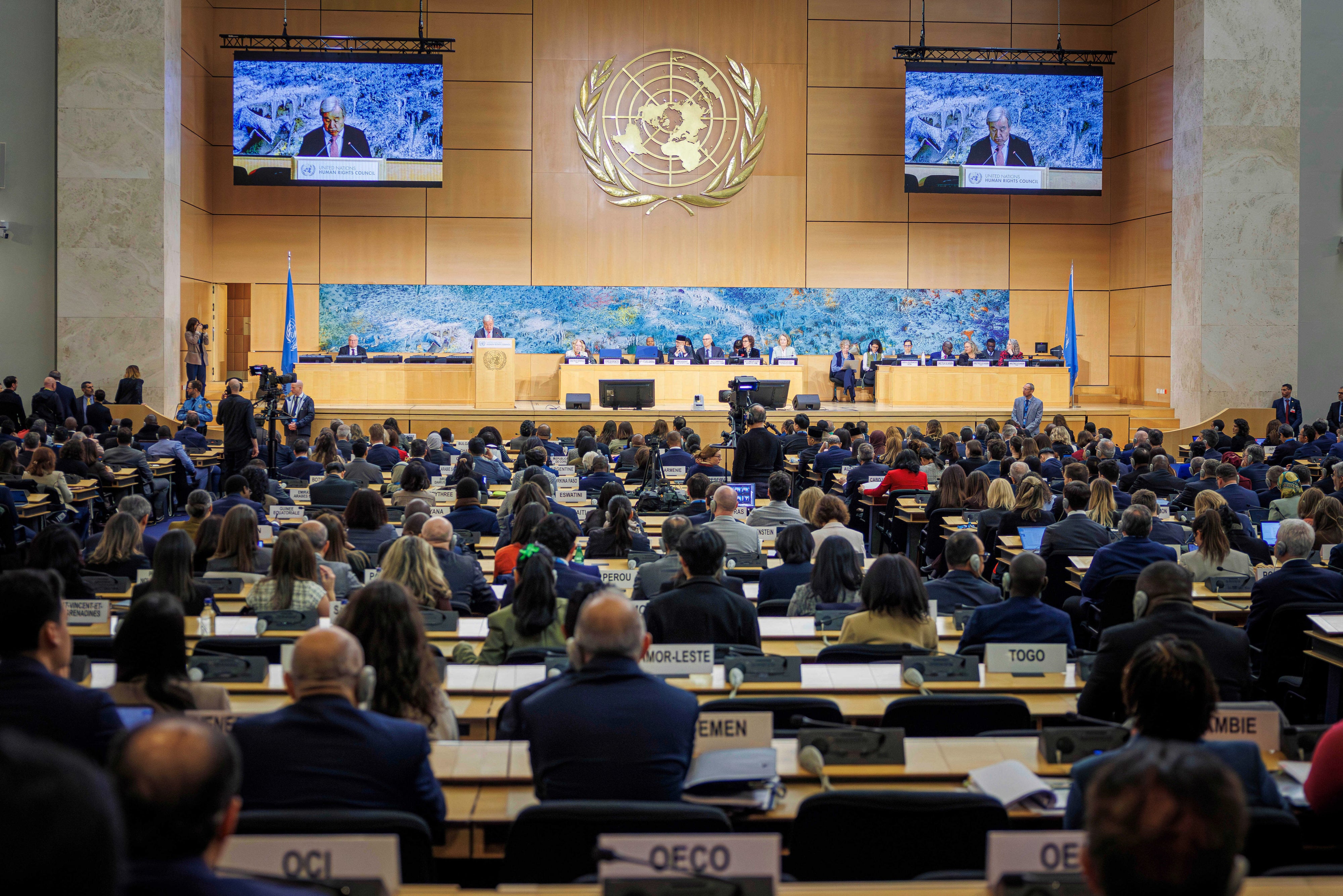 UN Secretary-General Antonio Guterres speaks during the opening of the 61st session of the United Nations Human Rights Council at the European headquarters of the United Nations in Geneva, February 23, 2026. 