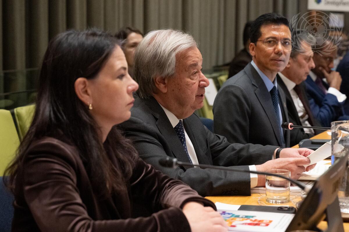 From left to right: Annalena Baerbock, President of the 80th Session of the United Nations General Assembly, Secretary-General António Guterres, and Lok Bahadur Thapa, President of the Economic and Social Council, address the Follow-Up Forum on Financing for Development, in New York, April 20, 2026. (