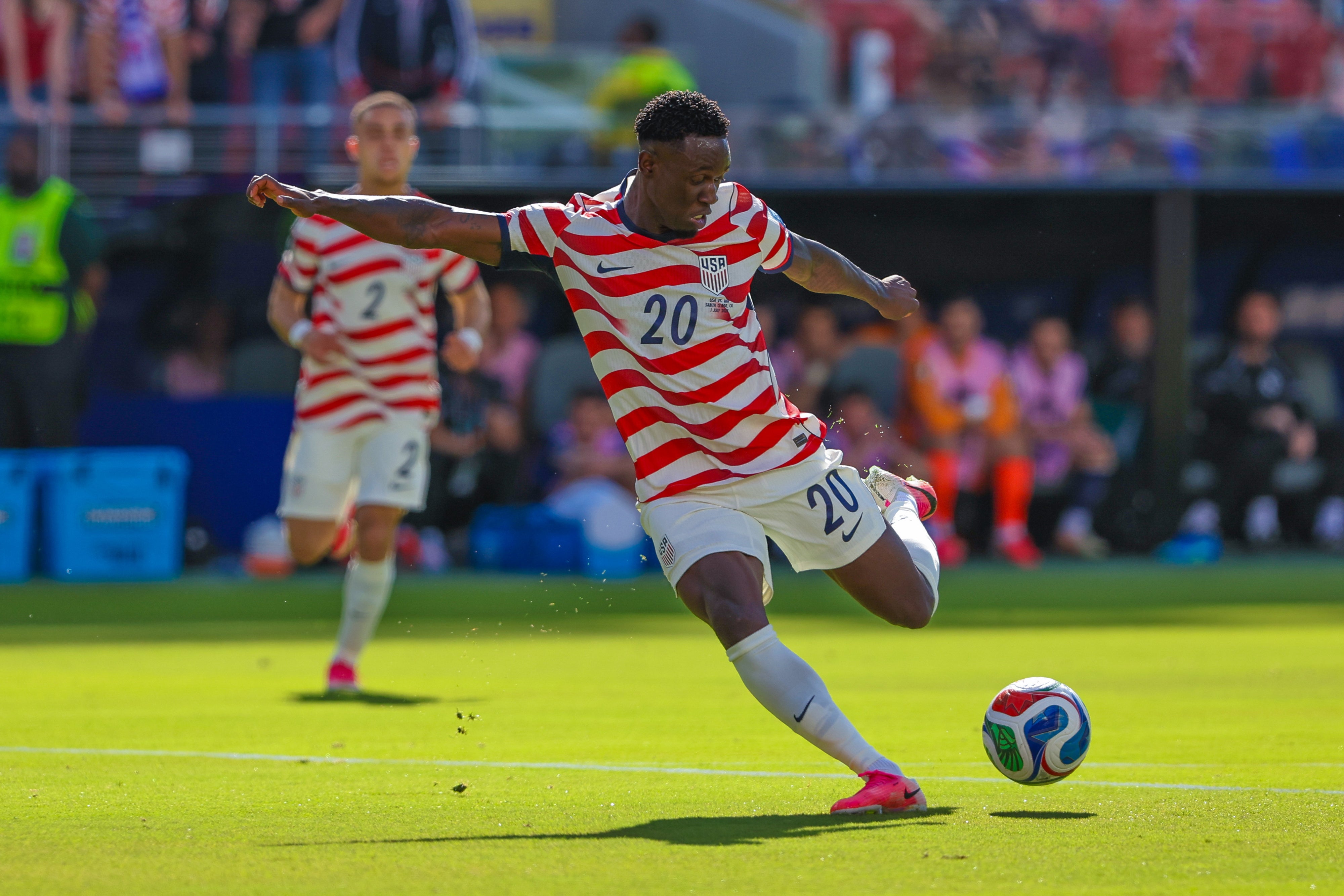 Folarin Balogun shoots on goal during the FIFA World Cup 2026 Round of 32 match between USA and Bosnia and Herzegovina in Santa Clara, California, July 1, 2026. 