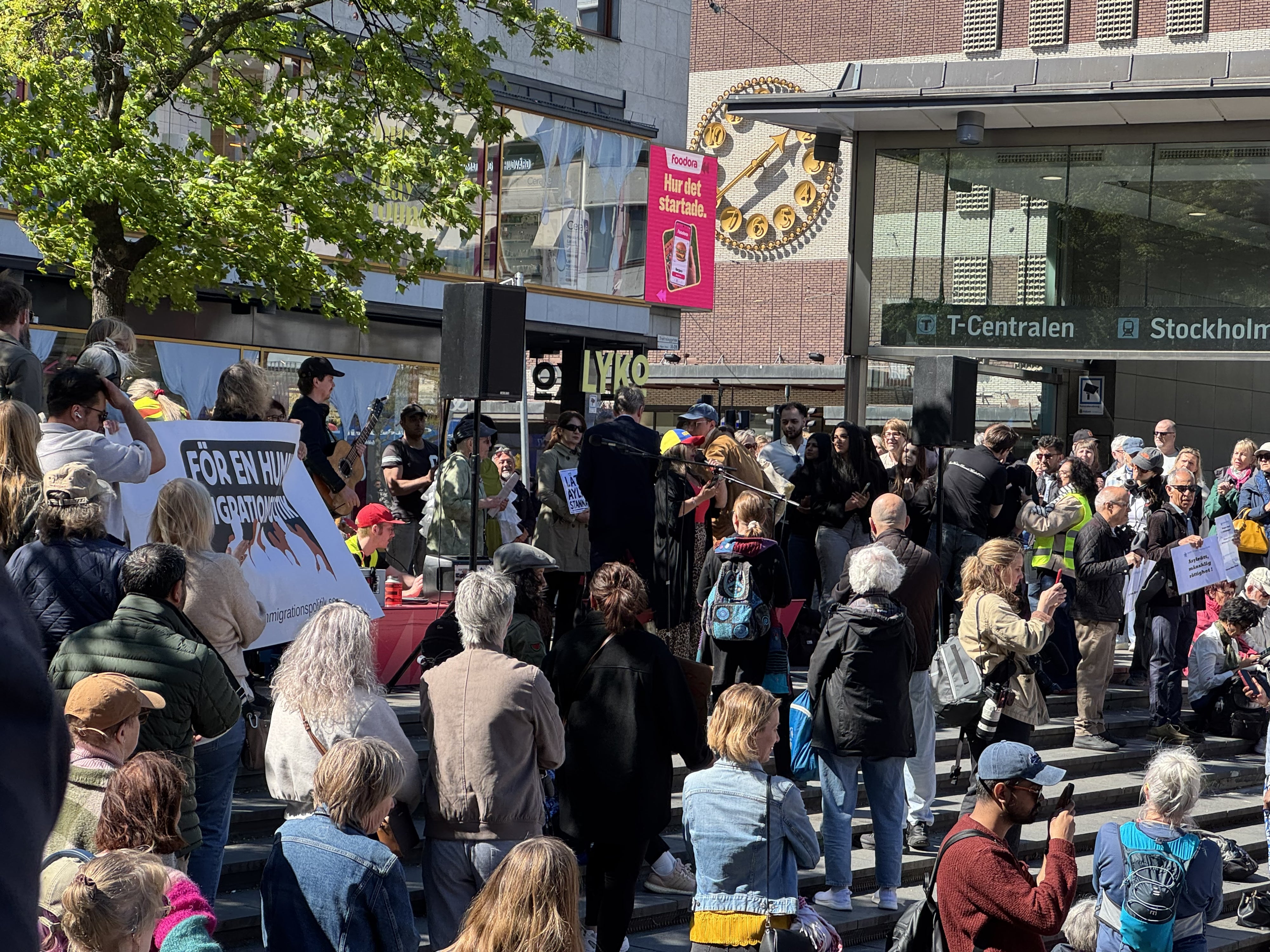 A demonstration against the deportations of young adults held at Sergels torg in Stockholm on May 10, 2026.