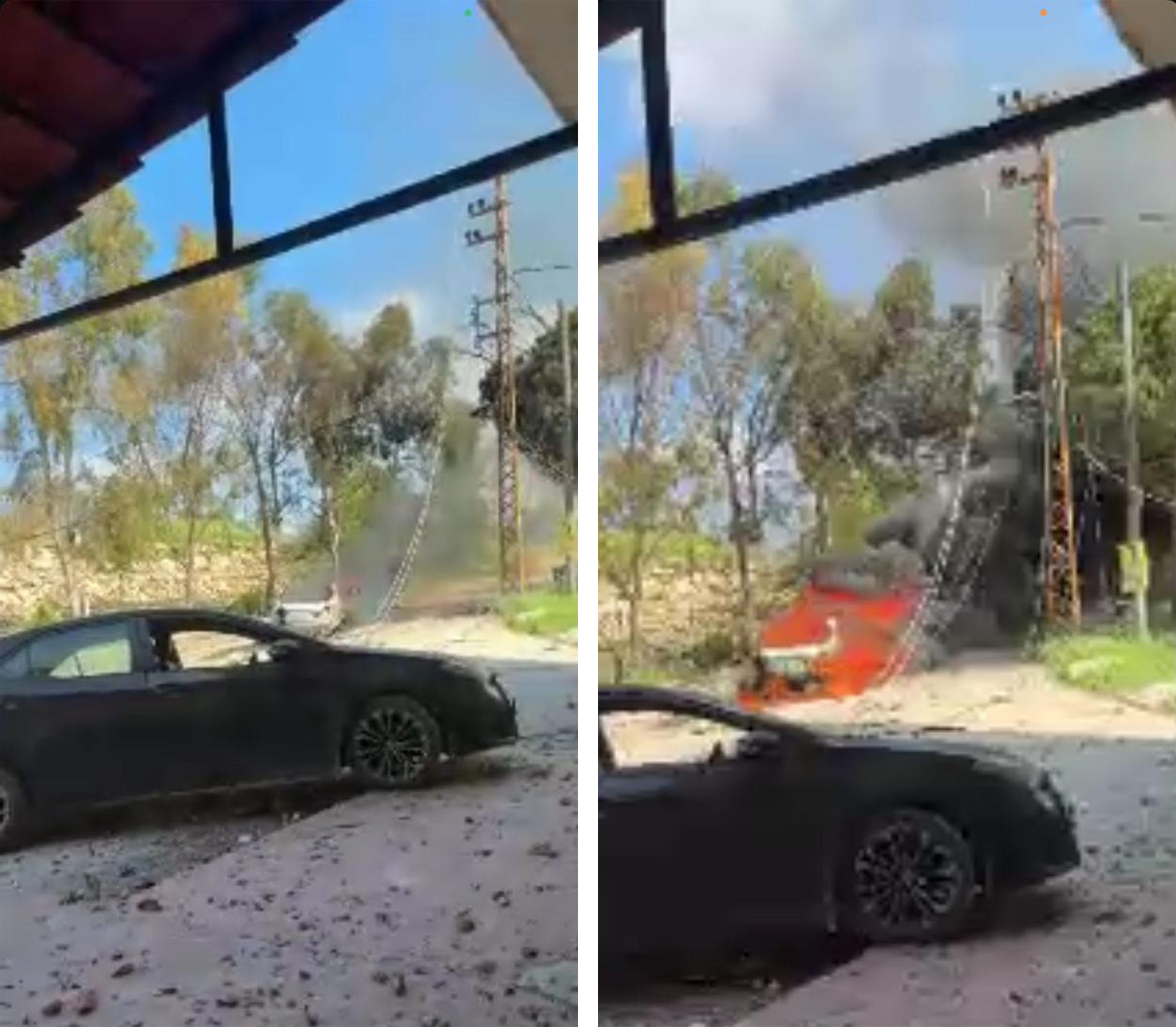 תצלומי מסך מתוך שיחת וידיאו בין פרג' לאחותה, בשעות 14:35 ו-14:49. בתצלומים נראית המכונית שנסעה לפני ח'ליל ופרג' עולה באש, לאחר שהותקפה בידי הצבא הישראלי. בקדמת התמונה נראית מכוניתה של אמאל ח'ליל, שהותקפה גם היא בהמשך, חונה סמוך לבניין שבו ח'ליל ופרג' מצאו מחסה. 22 באפריל 2026.