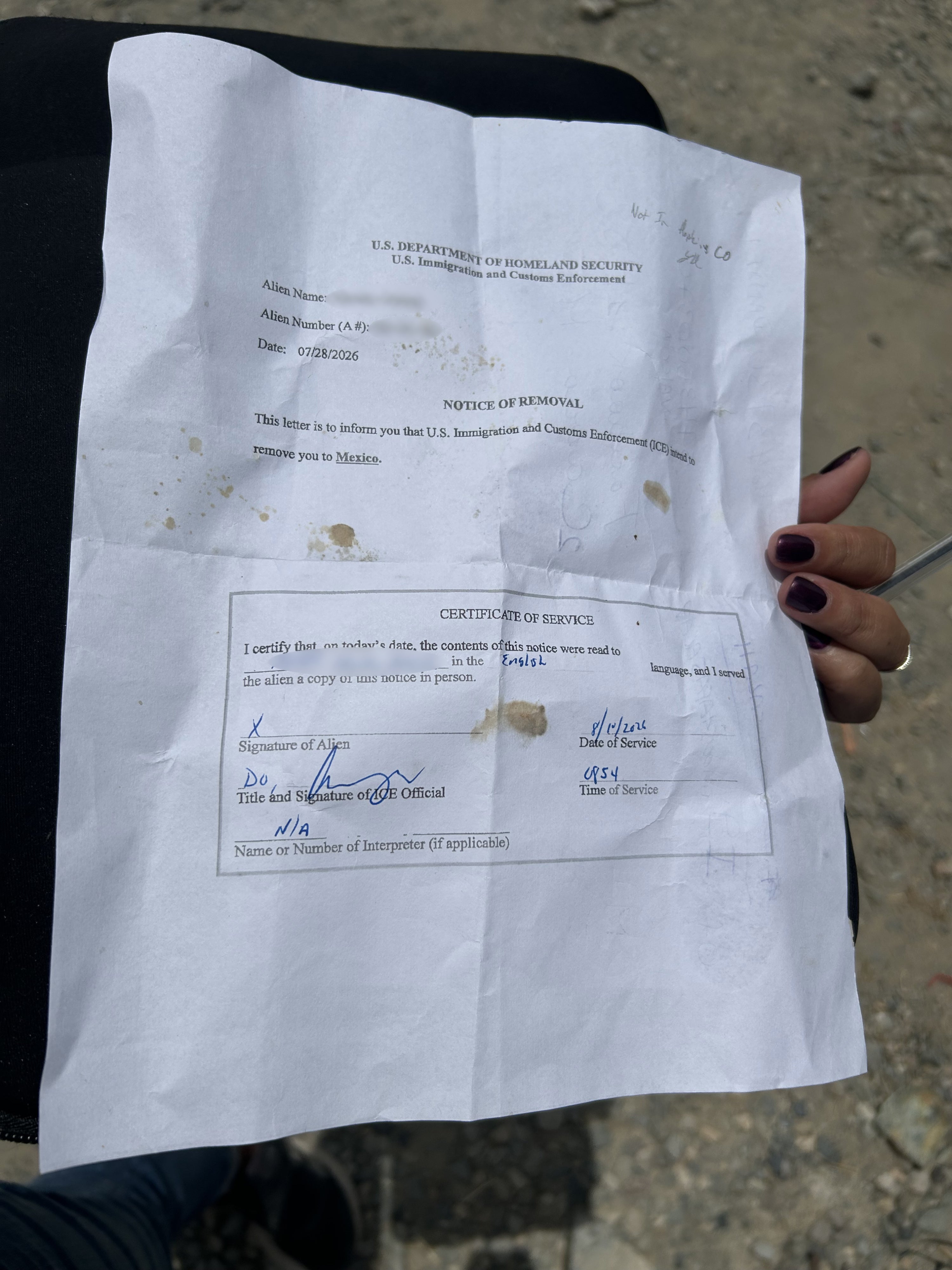 A US Department of Homeland Security notice stating that one of the Haitians interviewed by Human Rights Watch in Cap-Haïtien would be removed to Mexico, Cap-Haïtien, Haiti, August 27, 2026.