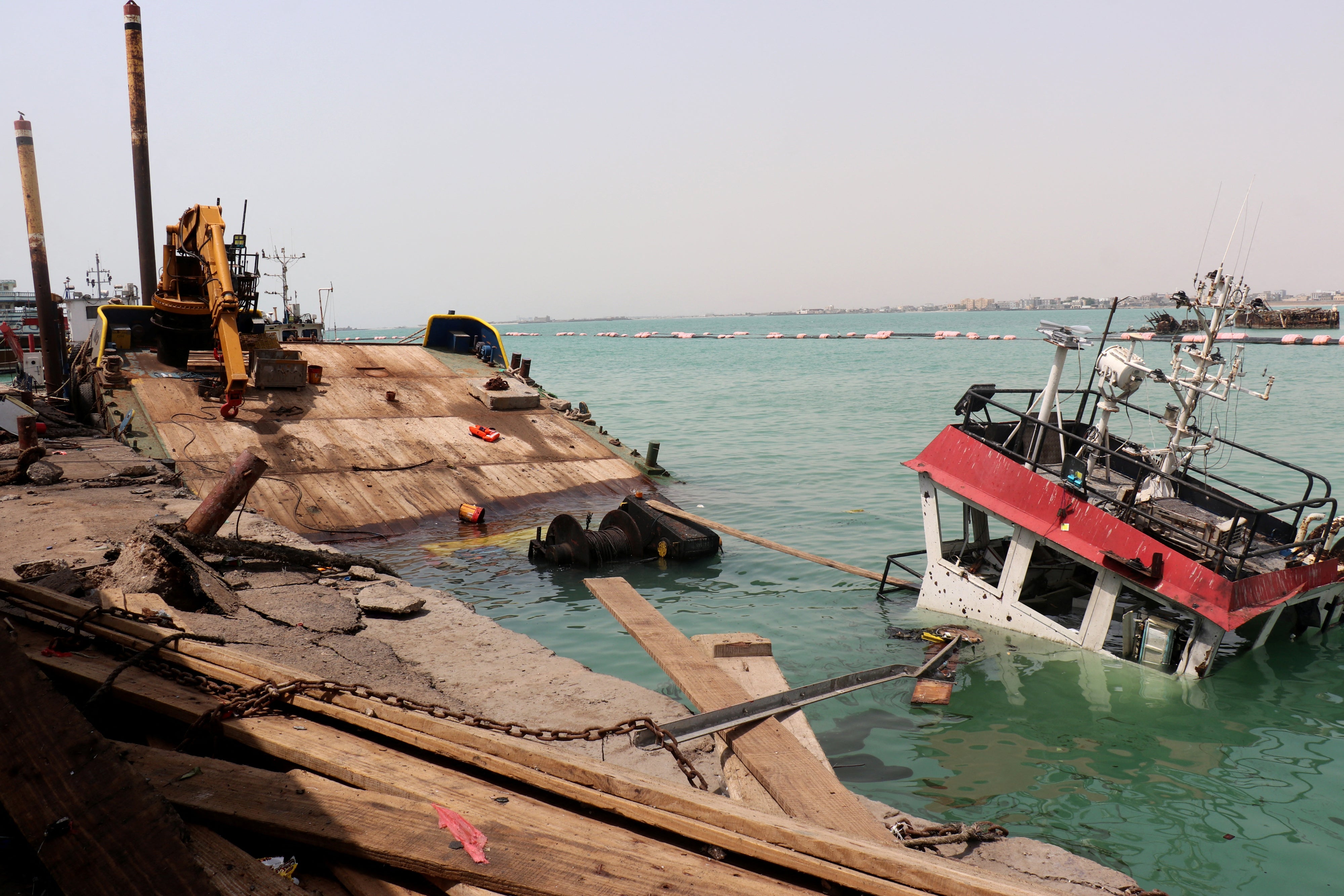 The navigation bridge of a sunken vessel in the Port of Mokha, Yemen, the day after an attack by the Houthis on the city, August 10, 2026. 