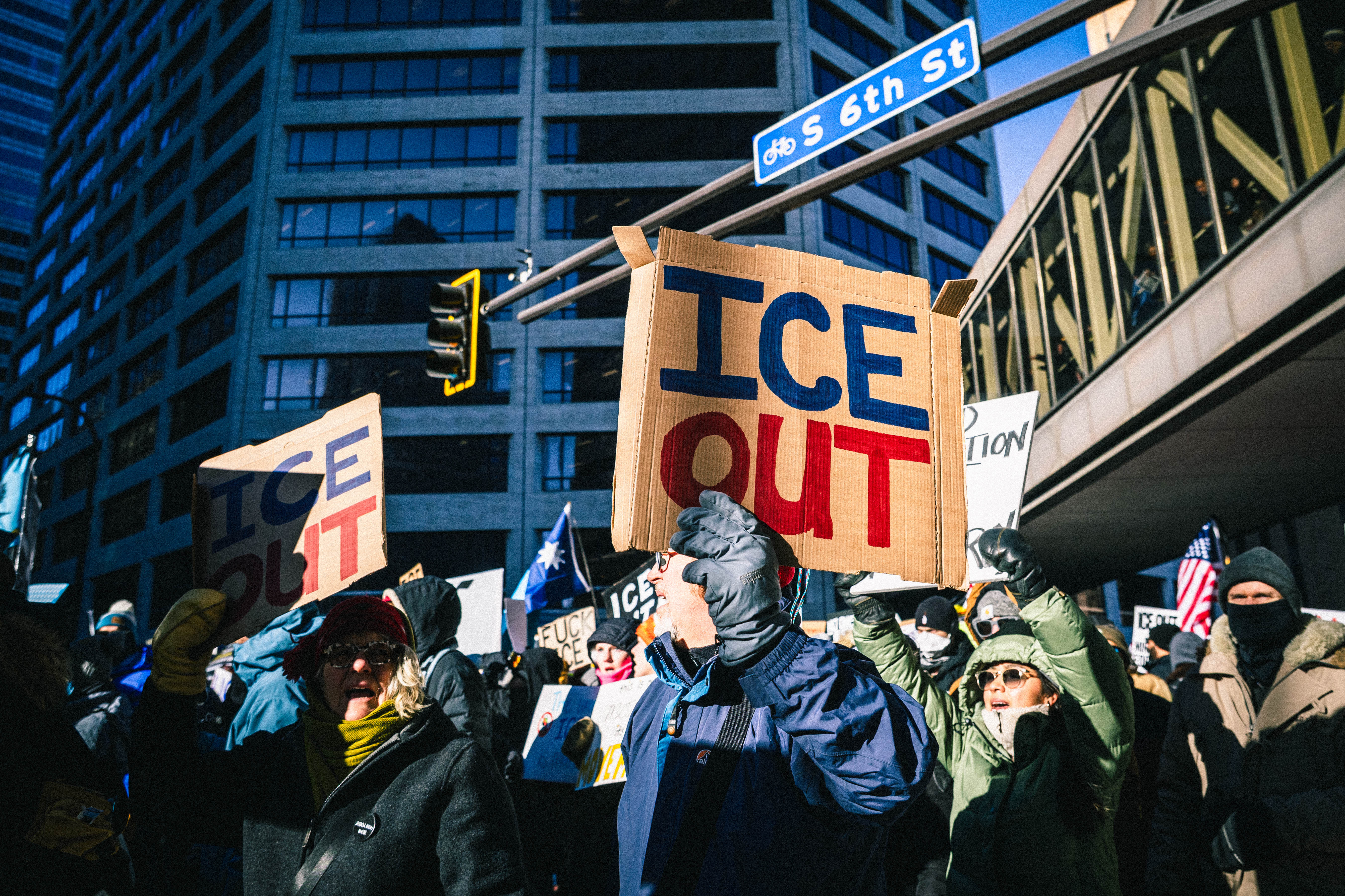 People march in Minneapolis, Minnesota march to protest the actions of federal agents with the Immigration and Customs Enforcement (ICE) agency during their immigration crackdown, Operation Metro Surge, in the state, January 30, 2026. 