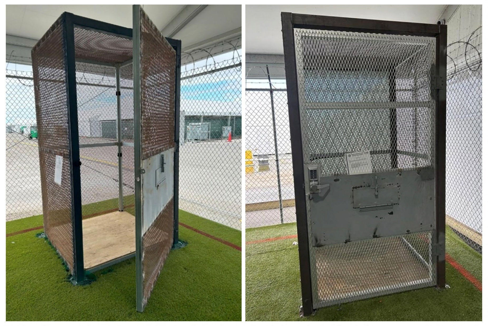 A small metal enclosure which was used to hold detainees, reportedly for up to two hours, as seen during an unannounced inspection by the Department of Homeland Security Office of Inspector General (DHS OIG) at ICE's now-closed immigration detention center Florida Soft-Sided Facility (FSSF) also known as Alligator Alcatraz, in Ochopee, Florida, January 21, 2026.