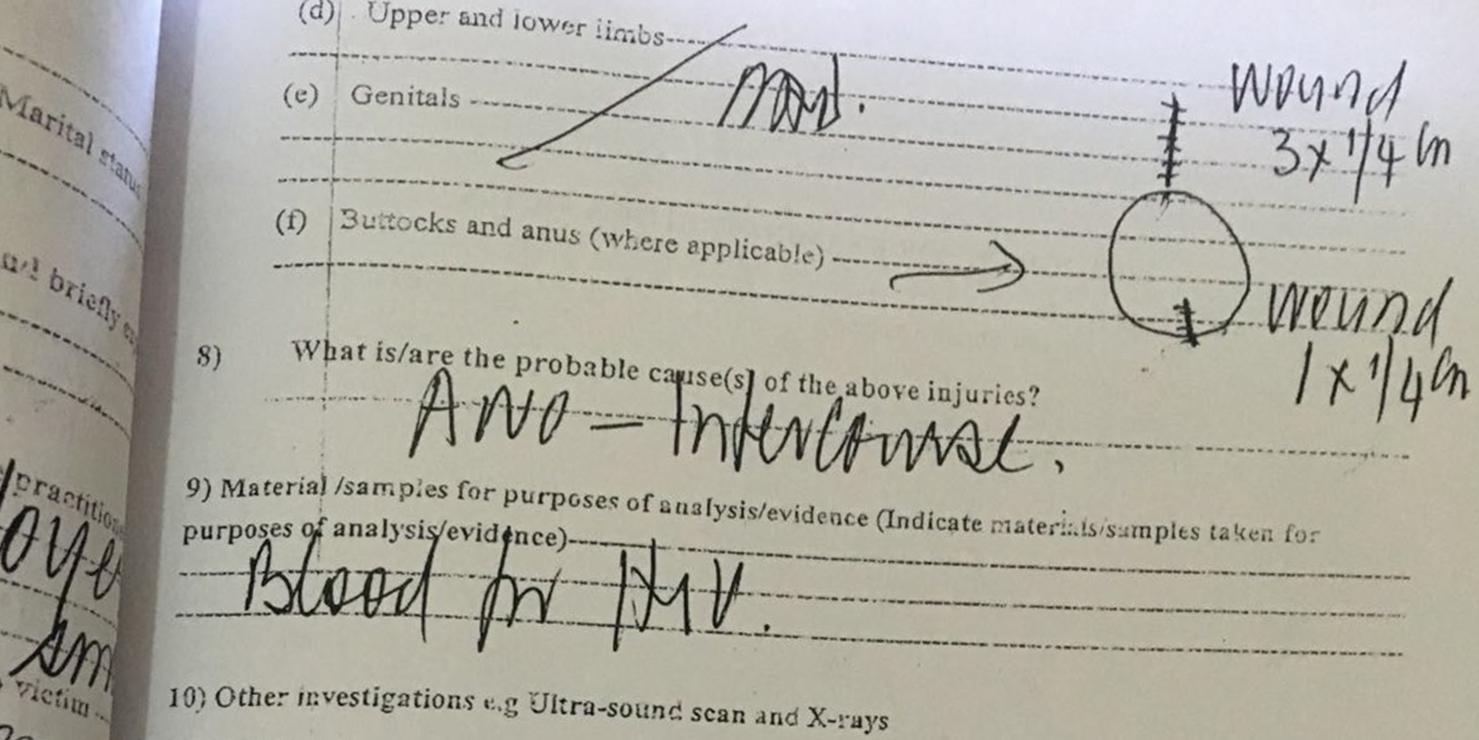 Un rapport médical rédigé par un médecin à Kampala, en Ouganda, après avoir effectué un examen anal forcé subi par un homme suspecté de rapports homosexuels consensuels.