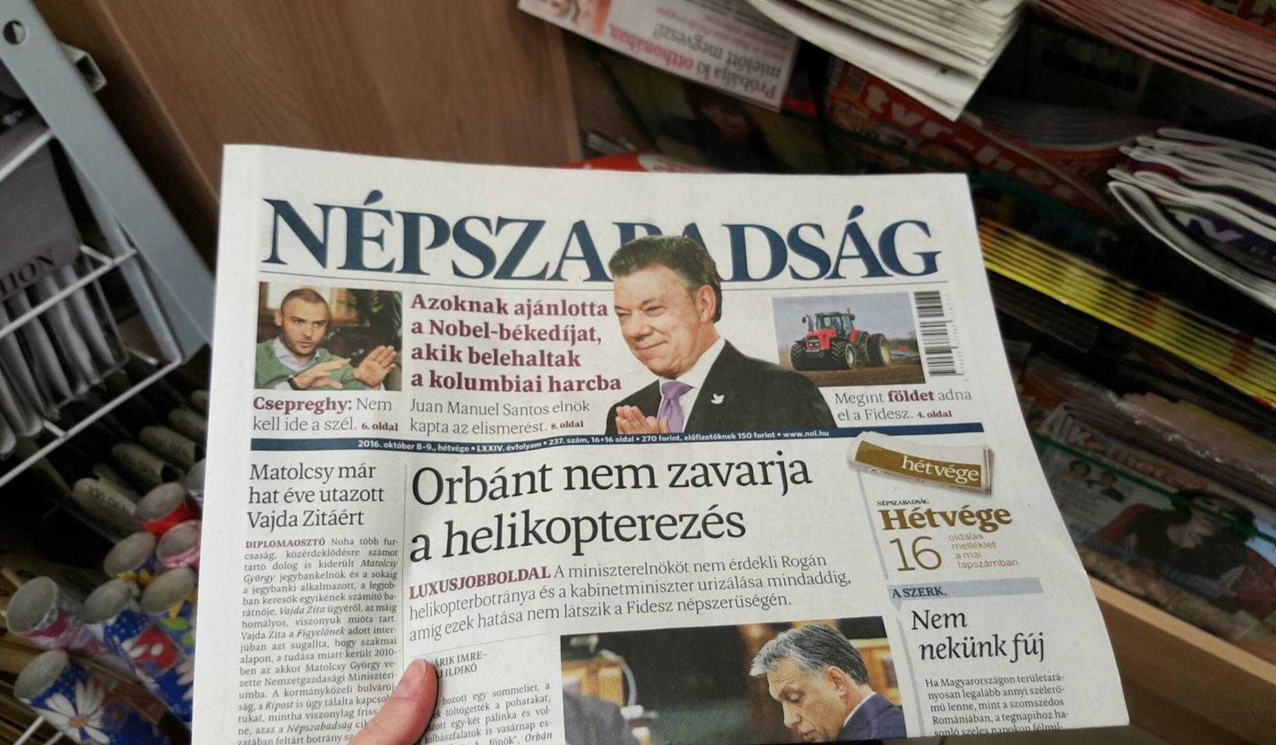 front page of Nepszabadsag 