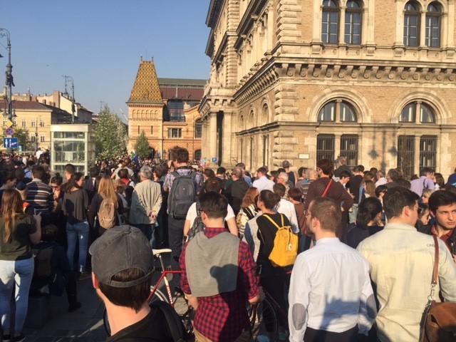 People in Budapest protest a draft law targeting Central European University, Hungary, April 2, 2017