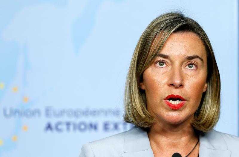 European Union's foreign policy chief Federica Mogherini briefs the media after meeting Iran's Foreign Minister Mohammad Javad Zarif (unseen) in Brussels, Belgium January 11, 2018.
