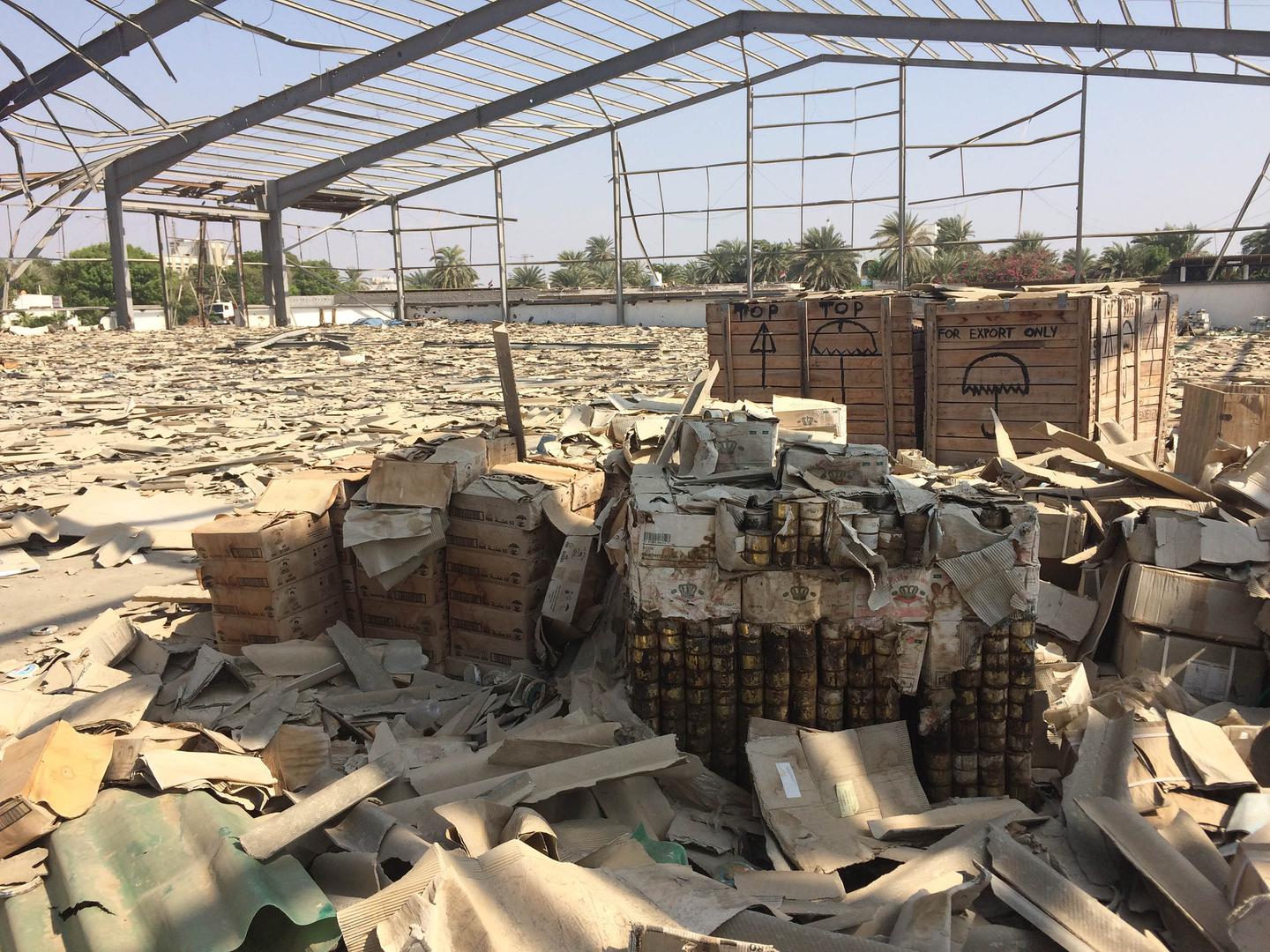 Imports sit destroyed in a damaged warehouse at the port in Hodeida city, Yemen. © November 2016 Kristine Beckerle / Human Rights Watch