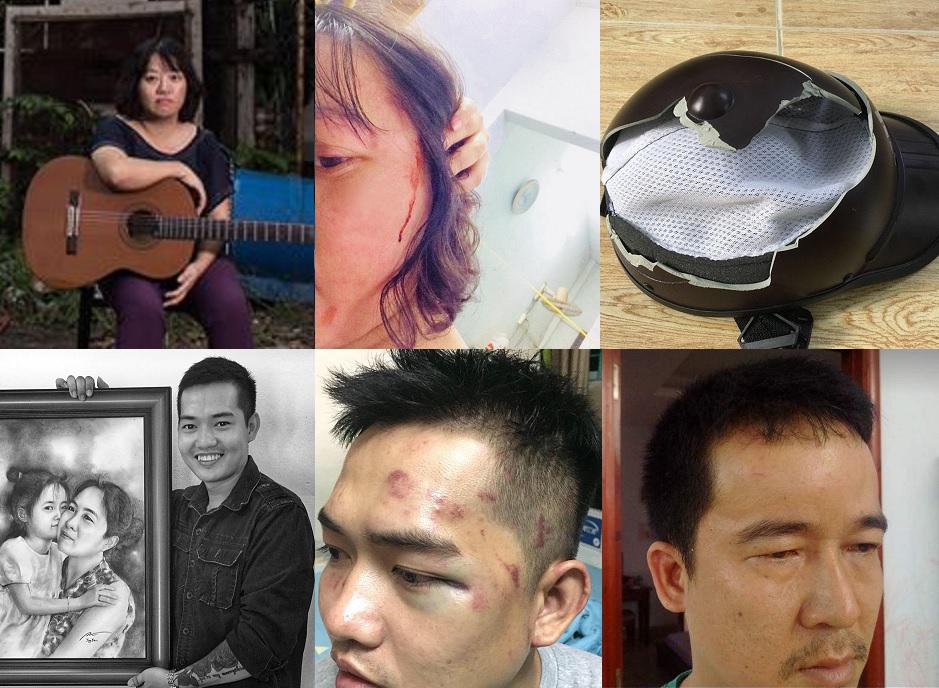 Hàng trên: Phạm Đoan Trang trước và sau khi bị hành hung, và chiếc mũ bảo hiểm vỡ cô thấy bên đường sau khi cô bị đánh. Hàng dưới: Nguyễn Tín vận động ủng hộ tài chính cho tù nhân chính trị Nguyễn Ngọc Như Quỳnh (“Mẹ Nấm”) và sau khi bị hành hung; Nguyễn 