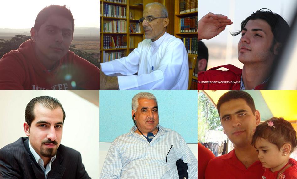 من أعلى اليسار: محمد نور الشمالي، عبد الأكرم السقا، محمد مقداد، باسل خرطبيل، خليل معتوق ومحمد عطفا من النشطاء السياسيين والصحفيين وعمّال القطاع الإنساني والمحامين الذين أخفتهم الحكومة السورية.