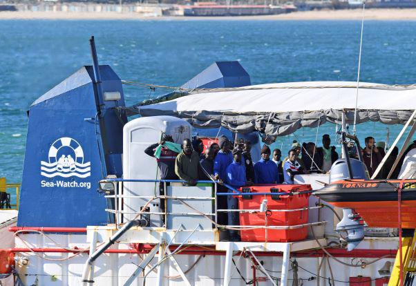 The migrant rescue ship Sea-Watch 3, carrying 47 migrants, comes into dock at the Sicilian port of Catania, southern Italy, Thursday, Jan. 31, 2019. 