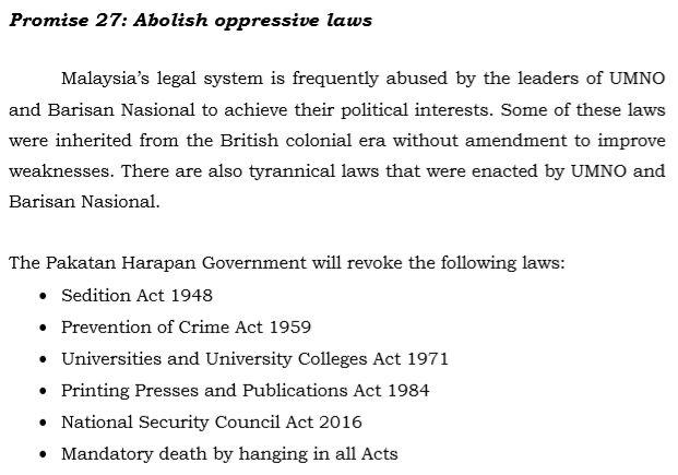 Section from Malaysia ruling party’s election manifesto, “Buku Harapan: Rebuilding Our Nation, Fulfilling Our Hopes,” promising to repeal abusive laws including the National Security Act of 2016.