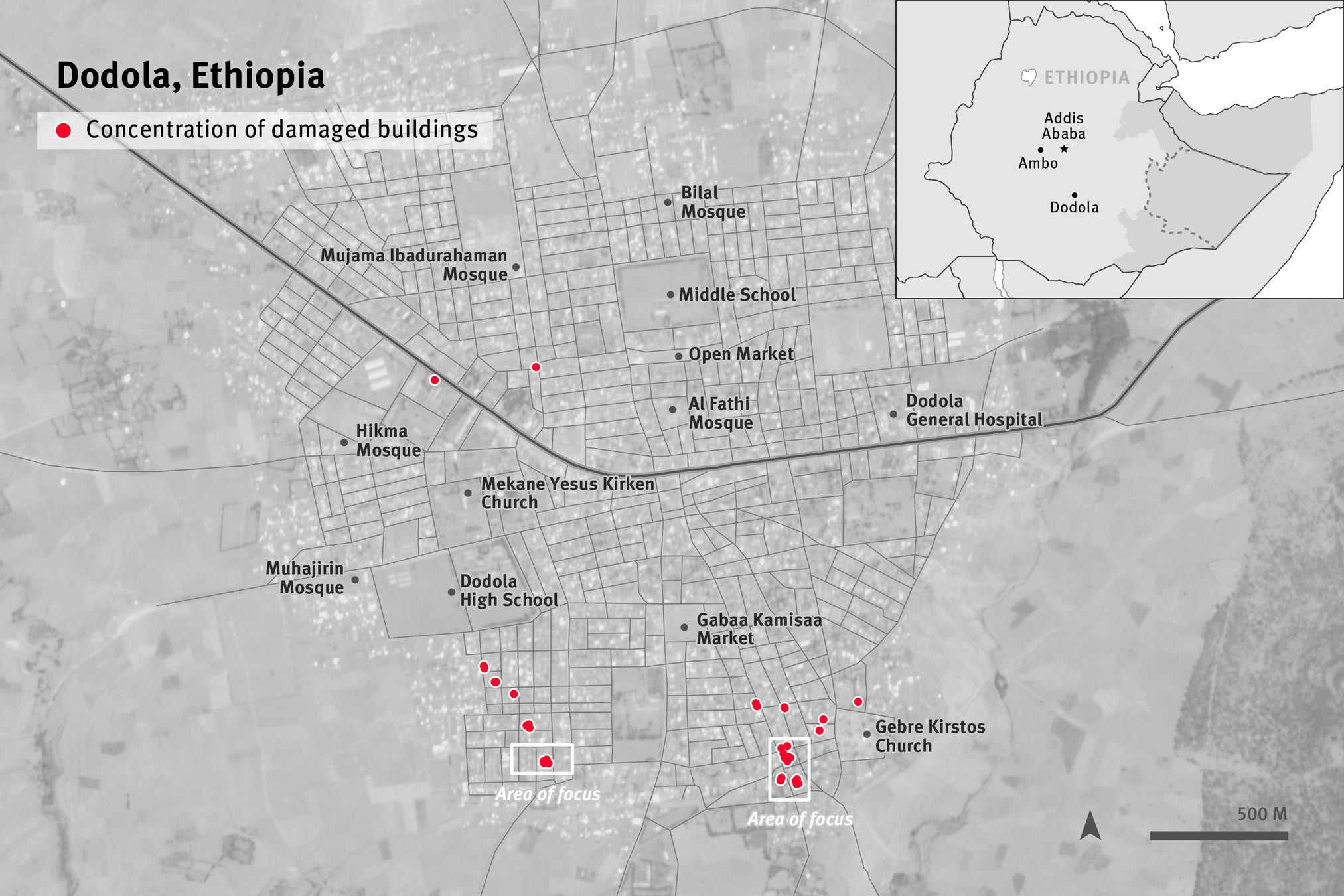 Satellite image showing approximately 30 to 40 buildings affected by fire in Dodola town, West Arsi Zone, Oromia region