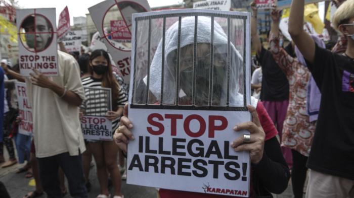 Progressive groups protest during the inauguration of Ferdinand Marcos Jr. as president of the Philippines, in Manila, June 30, 2022.