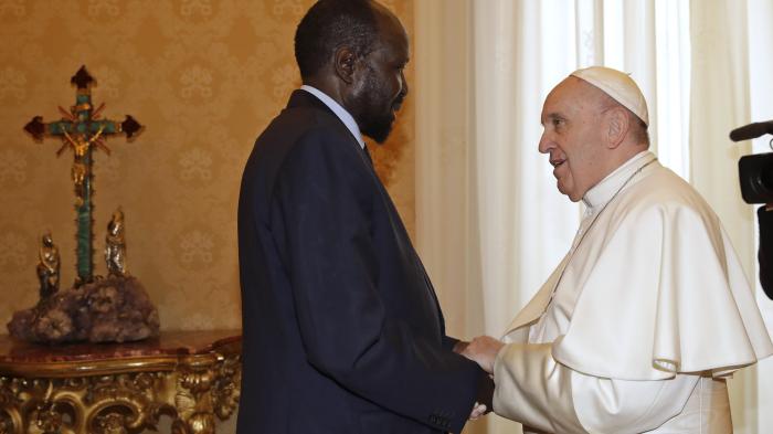 South Sudan President Salva Kiir meets Pope Francis.