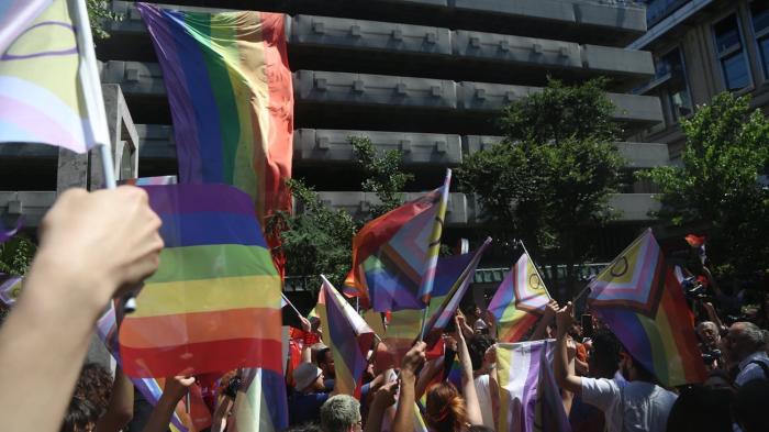 In defiance of a ban on all Pride events in Istanbul and full police lockdown, demonstrators assembled in the backstreets of Nişantaşı neighborhood near Taksim, Istanbul, Turkey, June 25, 2023. 