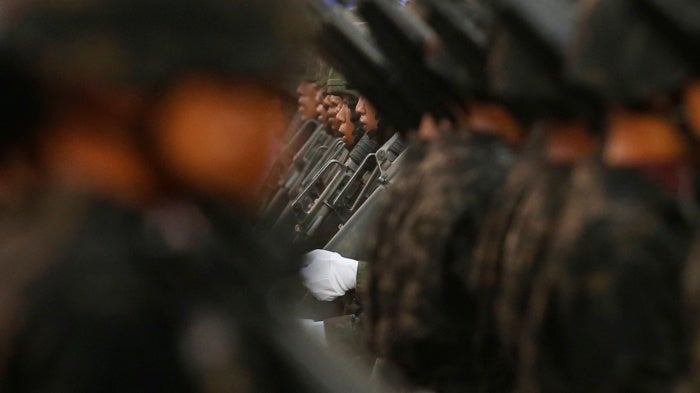 Soldiers march during the annual Military Parade in Saraburi province, Thailand, January 18, 2020.