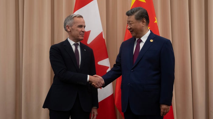 Canadian Prime Minister Mark Carney (L) with Chinese President Xi Jinping in Gyeongju, South Korea, October 31, 2025.