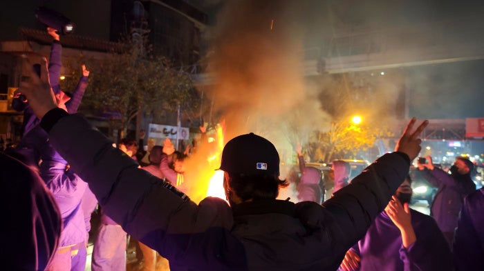 Fires are lit as protesters demonstrate in Tehran, Iran, on January 8, 2026. 
