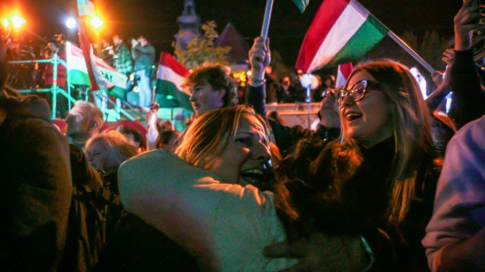 Tisza supporters celebrate after Peter Magyar's victory speech in Budapest, Hungary, April 12, 2026.