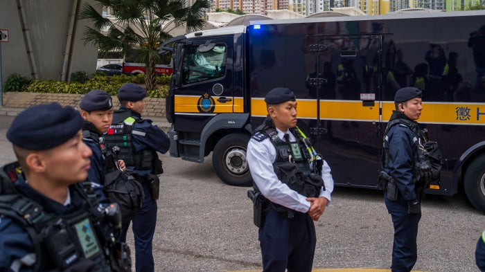 A prison van believed to be carrying Jimmy Lai leaving West Kowloon Magistrates Courts where his sentencing took place in Hong Kong, February 9, 2026.