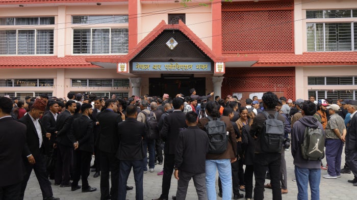 Nepali lawyers stage a protest against the Supreme Court administration's refusal to register writ petitions and applications in Kathmandu, Nepal, on May 19, 2026.