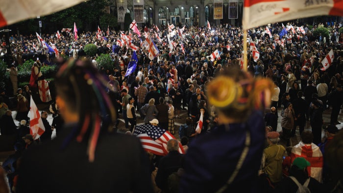 Protesters gather outside the Georgian parliament in Tbilisi, Georgia, on May 26, 2026. 