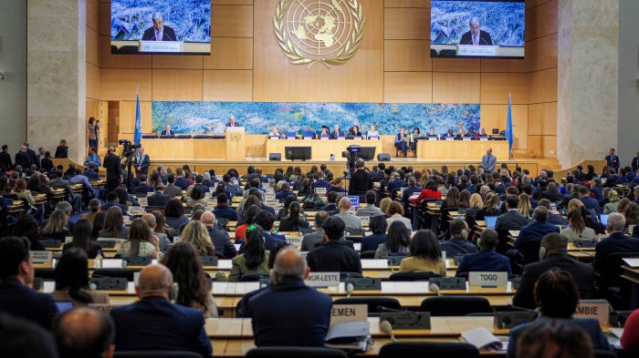 UN Secretary-General Antonio Guterres speaks during the opening of the 61st session of the United Nations Human Rights Council at the European headquarters of the United Nations in Geneva, February 23, 2026. 