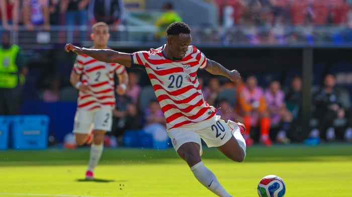 Folarin Balogun shoots on goal during the FIFA World Cup 2026 Round of 32 match between USA and Bosnia and Herzegovina in Santa Clara, California, July 1, 2026. 