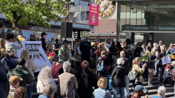 A demonstration against the deportations of young adults held at Sergels torg in Stockholm on May 10, 2026.