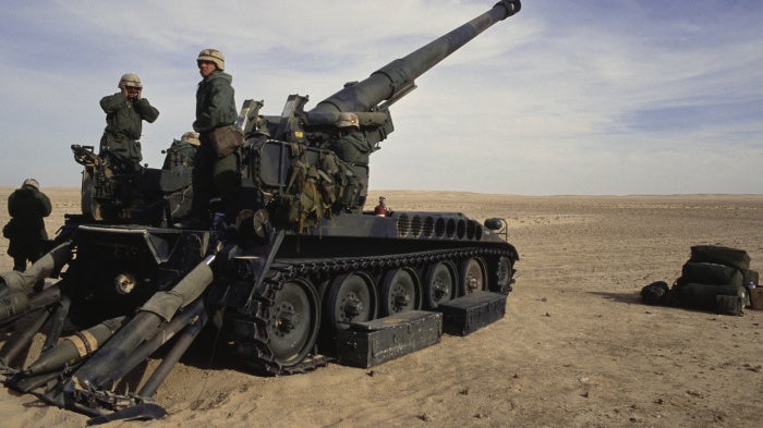 US soldiers firing a M110 howitzer during Operation Desert Storm, December 29, 1990. The howitzer fired the type of artillery projectiles Turkey has requested permission to retransfer to Ukraine, until it was retired from US service in the mid-1990s.