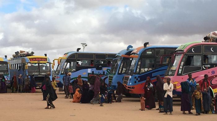 Photo of Somali refugees getting on buses to leave Dadaab refugee camp.