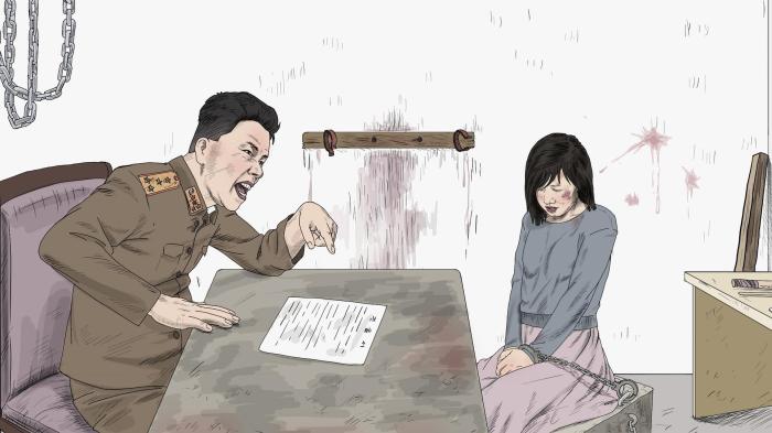 Woman being questioned by a secret police investigator. Former detainees say that secret police investigators can easily harass female detainees during questioning.