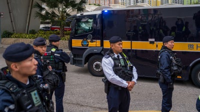 A prison van believed to be carrying Jimmy Lai leaving West Kowloon Magistrates Courts where his sentencing took place in Hong Kong, February 9, 2026.