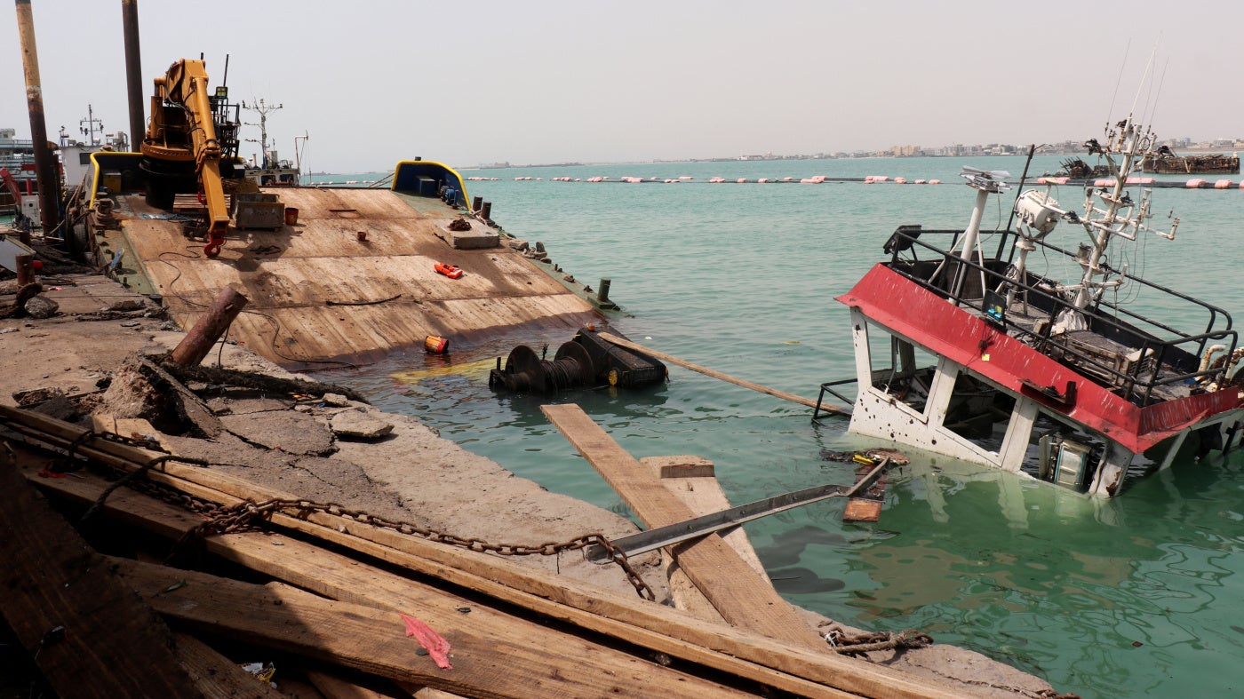 The navigation bridge of a sunken vessel in the Port of Mokha, Yemen, the day after an attack by the Houthis on the city, August 10, 2026. 
