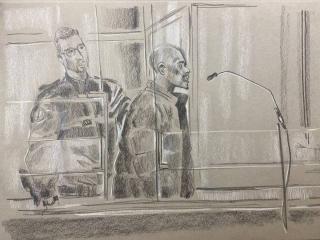 A courtroom sketch showing Kunti Kamara addressing the Paris Criminal Court during his trial, October 2022.
