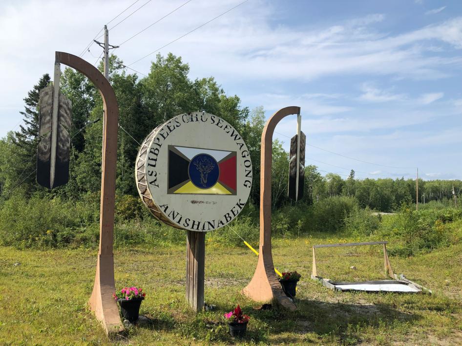 Sign entering Grassy Narrows First Nation, in northwestern Ontario, Canada.