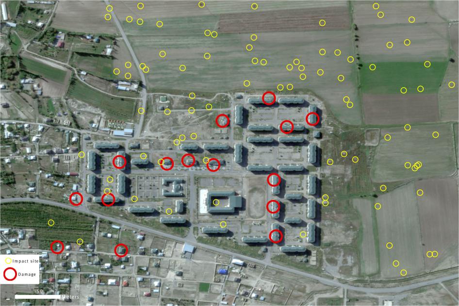 Close-up 1. Satellite imagery from October 3, 2020, documents severe damage to the residential settlement of Shikharkh on the western edge of Tartar city.