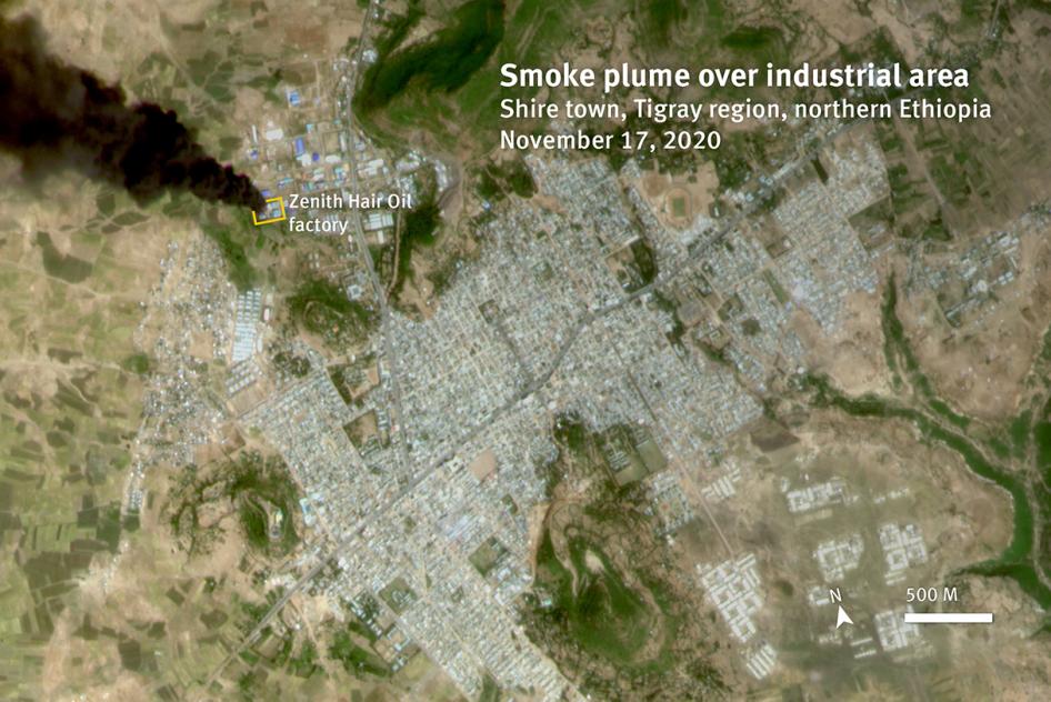 Satellite image recorded on November 17, 2020 at 11:04 a.m., shows a smoke plume rising up from a warehouse in an industrial area, in Shire, Tigray region, Ethiopia. The visible damage on satellite imagery recorded after the attack is consistent with the damage observed on videos and photos posted of the affected factory.  