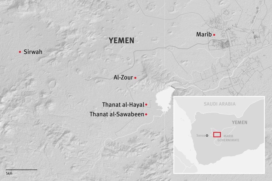 Map showing several camps for displaced people in the Marib governorate